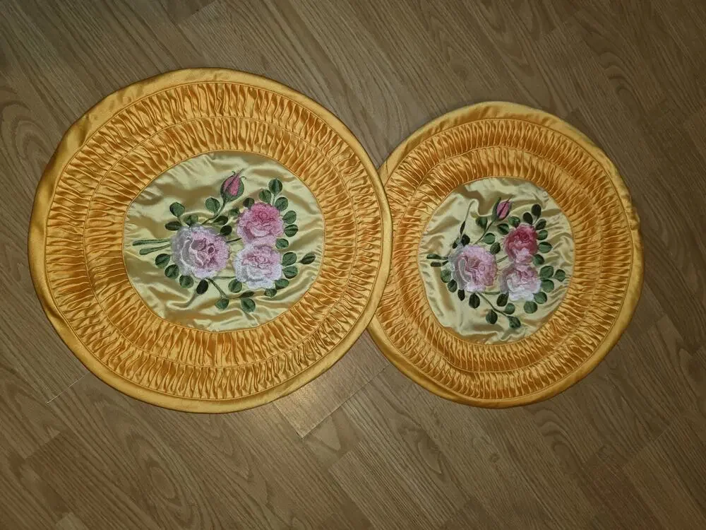 Vintage Handmade Round Yellow Embroidered Flower Cushion Pillow Covers 14